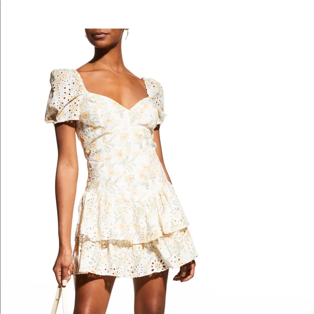 Bardot brand Broderick Floral Eyelet puff sleeve drop waist mini dress
